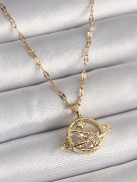 Erb 316L Çelik Gold Renk Zincir Zirkon Taşlı Yıldız Detay Satürn Gezegen Model Kadın Kolye