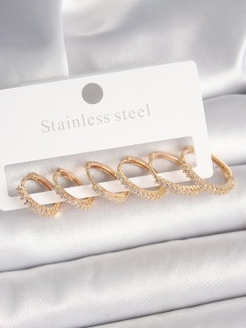 Erb Pirinç Gold Renk Zirkon Taşlı 3 Çift Halka Model Kadın Küpe