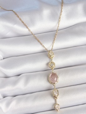Erb 316L Çelik Zincir Gold Renk Pembe Zirkon Taşlı Y Kolye