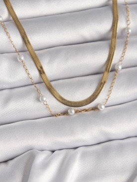 Erb 316L Çelik Gold Renk 2\'Li İtalyan Zincir İnci Detay Kadın Kolye