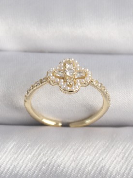 Erb Pirinç Gold Renk Zirkon Taşlı Yonca Model İnci Detay Kadın Yüzük