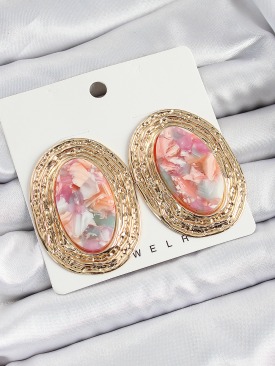 Erb Pirinç Mermer Desenlli Pembe Sedef Oval Vintage Model Gold Renk Kadın Küpe