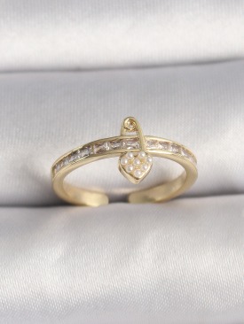 Erb Pirinç Gold Renk Zirkon Taşlı İnci Detay Kilit Kalp Figür Ayarlanabilir Yüzük