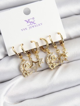 Erb Pirinç Zİrkon Taşlı Ay Ve Yıldız Model Gold Renk 3\'lü Çift Kadın Küpe