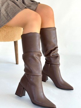 Pitay  Kahverengi Cilt Körüklü Topuklu Çizme