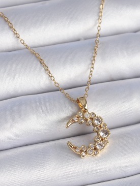 Erb 316L Çelik Zincir Gold Renk Zirkon Taşlı Hilal Model Kadın Kolye