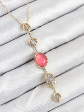 Erb Pirinç Zincir Pembe Gold Renk Zirkon Taşlı Y Kolye