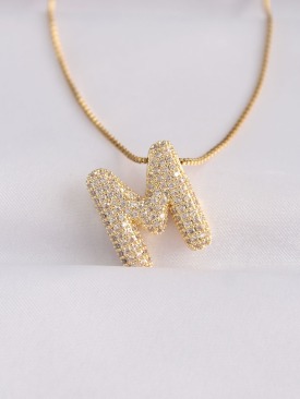 Erb 316L Çelik Zincirli Zirkon Taşlı M Harfli Gold Renk Bubble Kolye