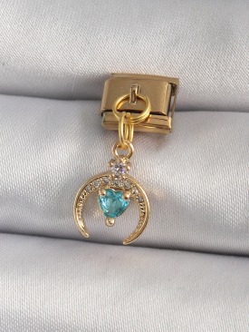 Erb 316L Çelik Gold Renk Sallantı Zirkon Taşlı Hilal Model Mavi Zirkon Taşlı Kalp Detay Nomination Charm