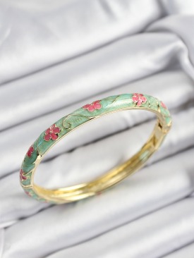 Erb Mineli Pirinç Pembe Ve Yeşil Çiçek Motifli Gold Renk Kadın Kelepçe