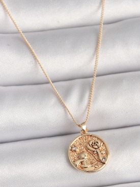 Erb Pirinç Gold Renk Zirkon Taş Detaylı Gül İşleme Madalyon Model Kadın Kolye