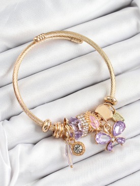 Erb 316L Çelik Mor Zirkon Taşlı Kelebek Model Gold Renk Charm Bileklik