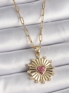 Erb 316L Çelik Gold Renk Pembe Zirkon Taşlı Kalp İşleme Madalyon Model Kadın Kolye
