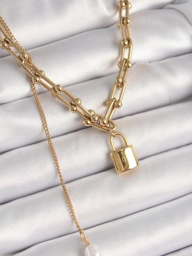 Erb 316L Çelik Gold Renk Tiffany Zincir Model Kilit Figür Sallantı İnci Detay Kadın Kolye
