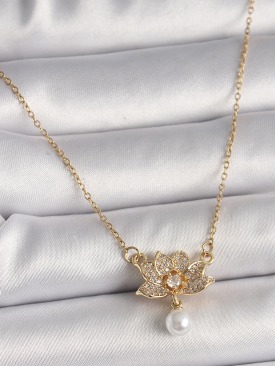 Erb 316L Çelik Gold Renk Zincir Zirkon Taşlı Lotus Çiçeği Figür Sallantı İnci Detay Kadın Kolye