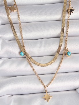 Erb 316L Çelik Gold Renk 2\'Li İtalyan Zincir Model Yıldız Figür Mavi Taş Detay Kadın Kolye