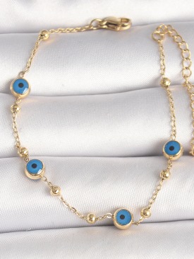 Erb 316L Çelik Gold Renk Topçuk Detaylı Zincir Nazar Boncuk Model Kadın Bileklik