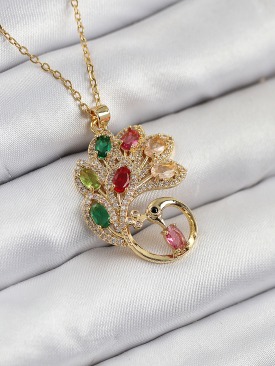 Erb 316L Çelik Zirkon Taşlı Tavus Kuşu Model Gold Renk Kadın Kolye