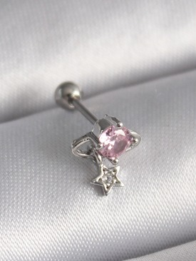 Erb 316L Çelik Gümüş Renk Pembe Zirkon Taşlı Sallantı Yıldız Detay Tragus Piercing