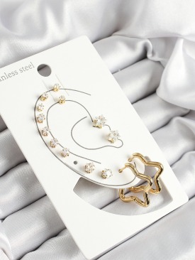 Erb 316L Çelik Yıldız Figürlü Ve Zirkon Taşlı Gold Renk 7\'li Çift Kadın Küpe Set