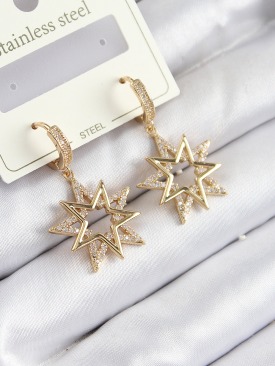 Erb 316L Çelik Zirkon Taşlı Sallantılı Yıldız Model Gold Renk Kadın Küpe