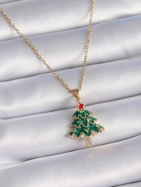 Erb 316L Çelik Gold Renk Zincir Zirkon Taşlı Yeşil Yılbaşı Çam Ağacı Figür Kadın Kolye_copy