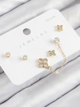 Erb Pirinç Zirkon Taşlı Yonca Model Gold Renk 925 Ayar Gümüş Çivi Kadın Küpe Set