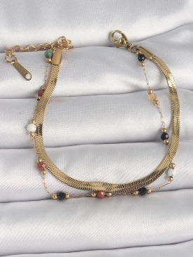 Erb 316L Çelik Gold Renk 2\'Li İtalyan Zincir Kristal Taş Detaylı Kadın Bileklik