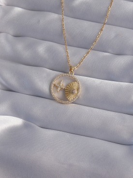 Erb 316L Çelik Zincir Gold Renk Zirkon Taşlı Yıldız Figürlü Oval Kolye