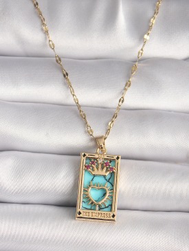 Erb 316L Gold Renk Pembe Zirkon Taşlı Taç Kalp Portre Model Kadın Kolye