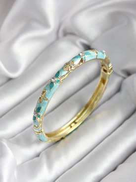 Erb Mineli Pirinç Turkuaz Çiçek Desenli Zirkon Taşlı Gold Renk Kadın Kelepçe (çap 60 Mm)