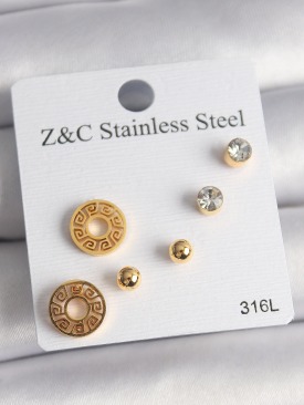 Erb 316L Çelik Gold Renk Zirkon Taşı Labirent Model Kadın Küpe Seti