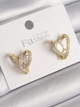 Erb Pirinç Gold Renk Zirkon Taşlı Kalp Model Kadın Küpe