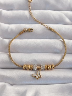 Erb 316L Çelik Gold Renk Zirkon Taş Aksesuarlı Sedefli Kelebek Bileklik