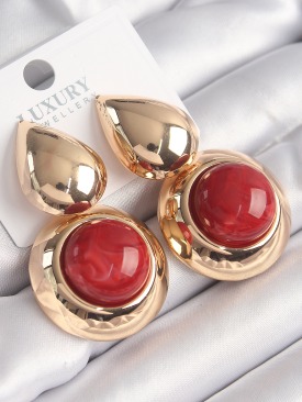 Erb Pirinç Gold Renk Damla Model Kırmızı Doğal Taşlı Vintage Kadın Küpe