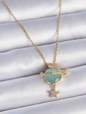 Erb 316L Çelik Zincir Gold Renk Zirkon Taşlı Gezegen Model Ay Yıldız Detay Kadın Kolye