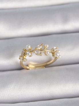 Erb Pirinç Gold Renk Ayarlanabilir Zirkon Taşlı Yaprak Model Kadın Yüzük