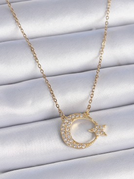 Erb 316L Çilek Zincir Gold Renk Zirkon Taşlı Ay Yıldız Model Kadın Kolye