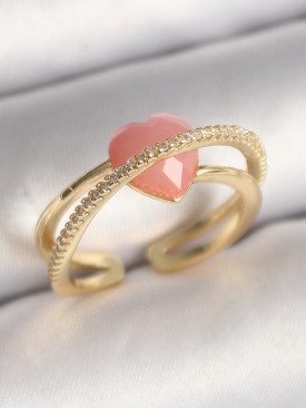 Erb Pirinç Gold Renk Pembe Kristal Kalp Model Zirkon Taş Detaylı Kadın Yüzük