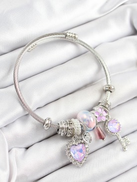 Erb 316L Çelik Pembe Zirkon Taşlı Yıldız Anahtar Ve Kalp Model Gümüş Renk Charm Bileklik