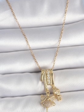 Erb 316L Çelik Gold Renk Zirkon Taşlı Sallantı Melek Figür Charm Kadın Kolye