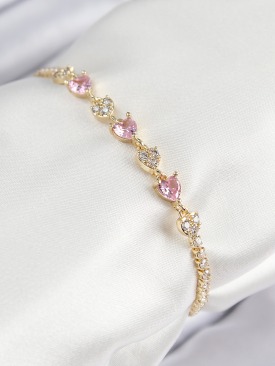 Erb Pirinç Zirkon Taşlı Pembe Kalp Model Gold Renk Kadın Bileklik