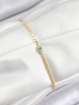 Erb Pirinç Zirkon Taşlı Nazar Model Ezme Zincir Gold Renk Kadın Bileklik