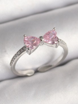 Erb Pirinç Gümüş Renk Pembe Zirkon Taşlı Kalp Fiyonk Model Kadın Yüzük