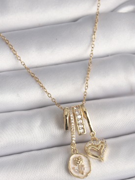 Erb 316L Çelik Gold Renk Zincir Sallantı Minimal Portre Gül Model Kalp Detay Kadın Charm Kolye