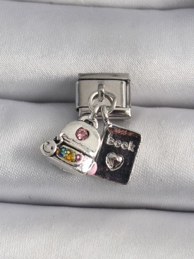 Erb 316L Çelik Gümüş Renk Zirkon Taş Detaylı Sırt Çantası Kitap Model Nomination Charm