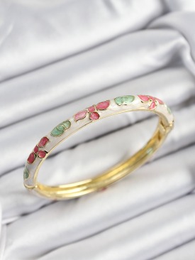 Erb Mineli Pirinç Pembe Yeşil Ve Krem Çiçek Motifli Gold Renk Kadın Kelepçe