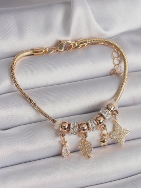 Erb 316L Çelik Gold Renk Zincir Sallantı Zirkon Taşlı Yonca Figür Yıldız Detay Charm Bileklik