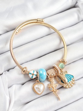 Erb 316L Çelik Mavi Zirkon Taşlı Yıldız Melek İstiridye Ve Kalp Model Gold Renk Charm Bileklik