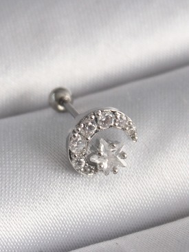 Erb 316L Çelik Gümüş Renk Zirkon Taşlı Ay Yıldız Tragus Piercing